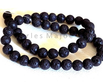 Lot de 47 perles de lave rondes noires naturelles 8 mm