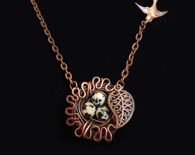Dalmatian jasper necklace copper wire winding Nest, natural stone, gift for her