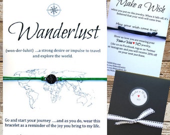 Wanderlust Bracelet ~ Compass Charm Wishing Bracelet Wanderlust Travel Bracelet Rumi Quote Card Inspirational card - wanderlust travel gift