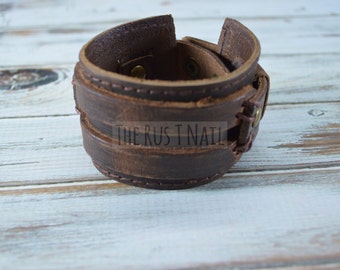 FREE SHIPPING - Brown Genuine Leather Cuff Bracelet - Rugged Unisex Cuff Bracelet