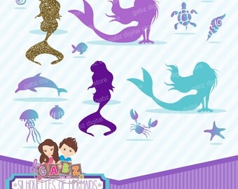 Silhouettes of Mermaids, Clipart, Birthday Girl, Mermaid, Mermaid Party, Gabz