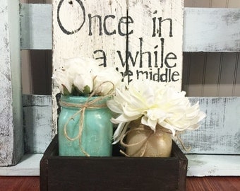 Aqua and gold mason jars with wooden box. Home decor. Wedding decor. Wedding centerpiece. Home centerpiece. Wedding shower centerpiece.