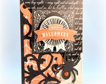 Halloween Card, Happy Halloween, Banner, Rosette, Spider, Handmade Greeting Card, Gothic, Halloween Card, Skull Halloween Card, Decoration