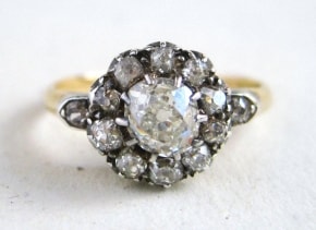 Antique Engagement Ring with est. 1.14cttw VS2 Cushion Cut or Mine Cut Diamonds in 18k Gold, c. 1830 - Diamond Cluster or Diamond Halo Ring