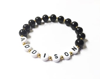 Black Pearl bracelet with gold accent beads. Personalized Children's Name Bracelets YOU CHOOSE from 31 pearl colors. Hypoallergenic.