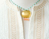 Aqua Bead Necklace with Brass and Coral Pendant
