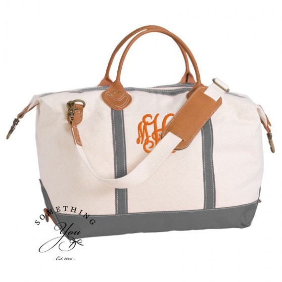 Monogrammed Leather and Natural Canvas Weekender Bag