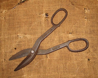 Vintage Forged Steel Tin Snips Shears, 10 inch, country home décor, rustic, metal scissors, tool, display piece