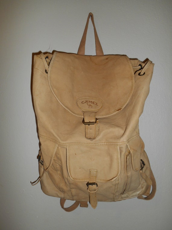 JOE CAMEL vintage tan brown LEATHER Backpack tote rucksack