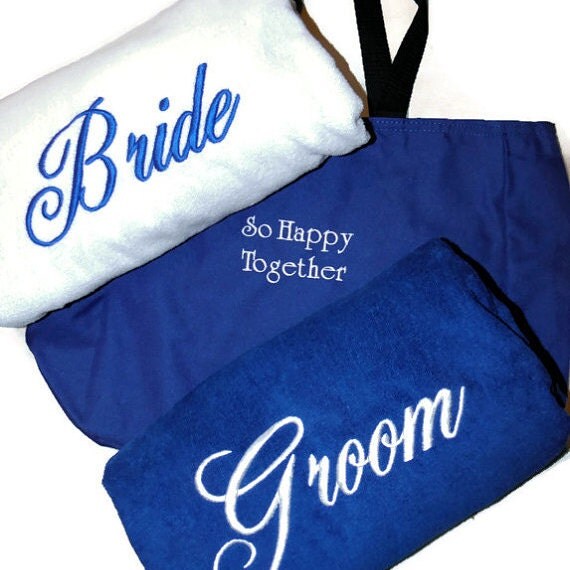 BRIDE & GROOM BEACH Towel Set with Tote Bag Embroidered 100