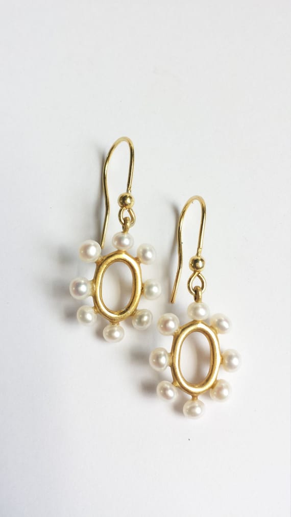 Yellow Gold and White Freshwater Pearl Oval Drop Wedding Earrings