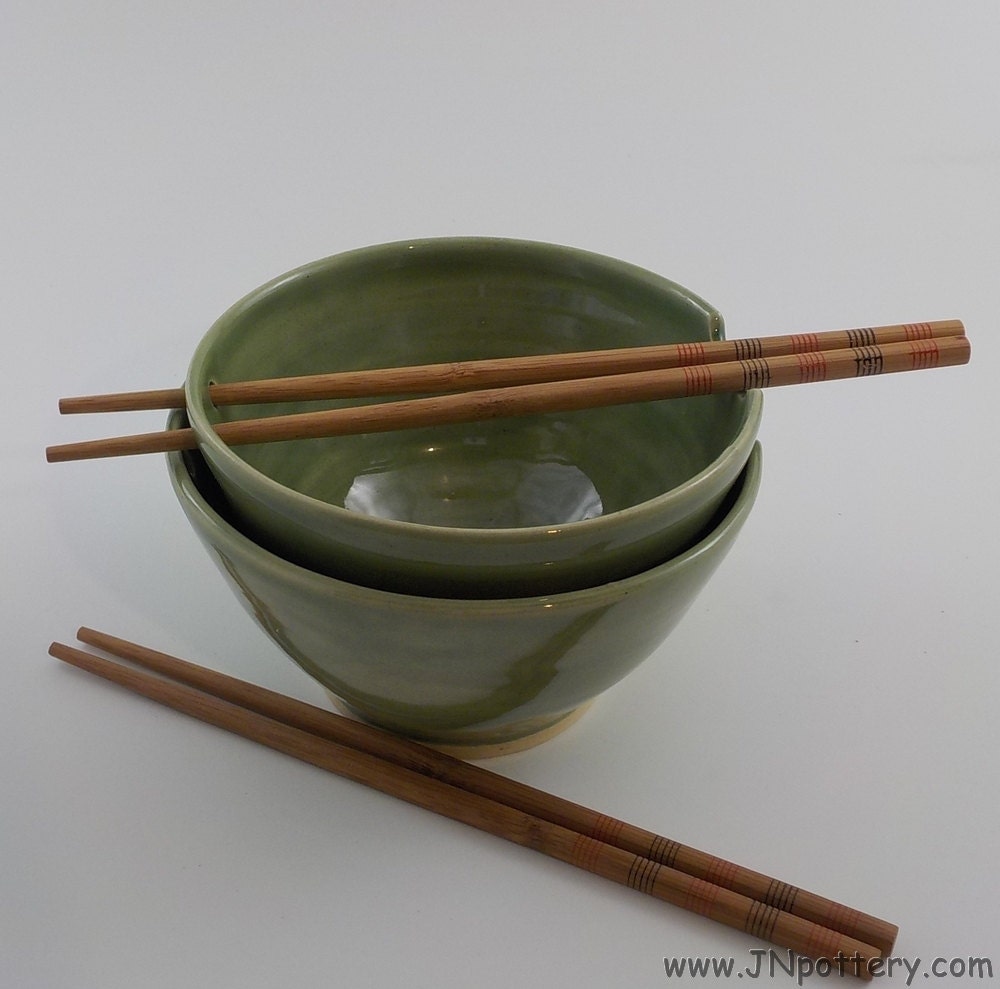 Pair of Ceramic Noodle Bowls Stoneware Chopstick by JNpottery