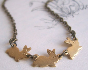 Little Rabbits necklace - golden brass bunny charms - gift for pet lover - nickel free