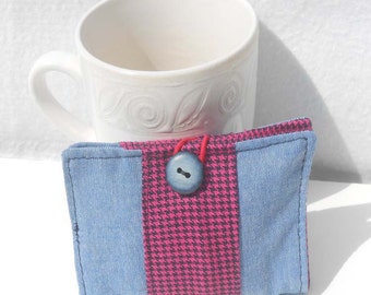 Tea Wallet, Tea Bag Holder, Fabric Wallet, Business Card Holder - Light Blue Denim and Pink Houndstooth