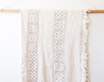 Vintage Homespun Linen and Cotton Crochet Textile- coverlet, blanket, curtain panel, room divider