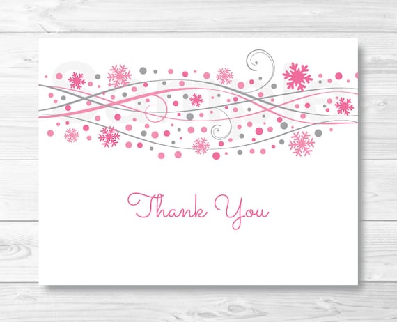 Pink Snowflake Thank You Card Snowflake Baby Shower Winter Baby Shower Folded Card Folded Thank You Card Template