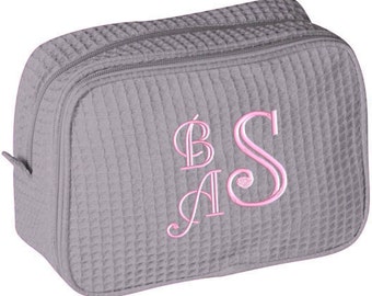 Personalized Waffle Cosmetic Case Bag Monogrammed Bridesmaid Gift Gray Pink Aqua Purple Black Navy White