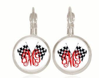 Race Car Earrings, Racing Jewelry, Monogram Earrings, Drop Earrings, Personalized Gift, Vine Font, Car Racing (Checkered Flag Earrings)
