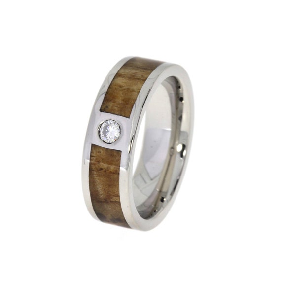 Hawaiian Koa Wood Ring Titanium set with 2mm stone mens Wedding band ...