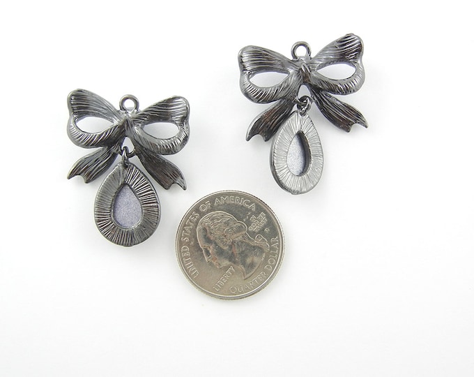 Pair of Hematite and Blue Sapphire Rhinestone Bow Drop CHarms