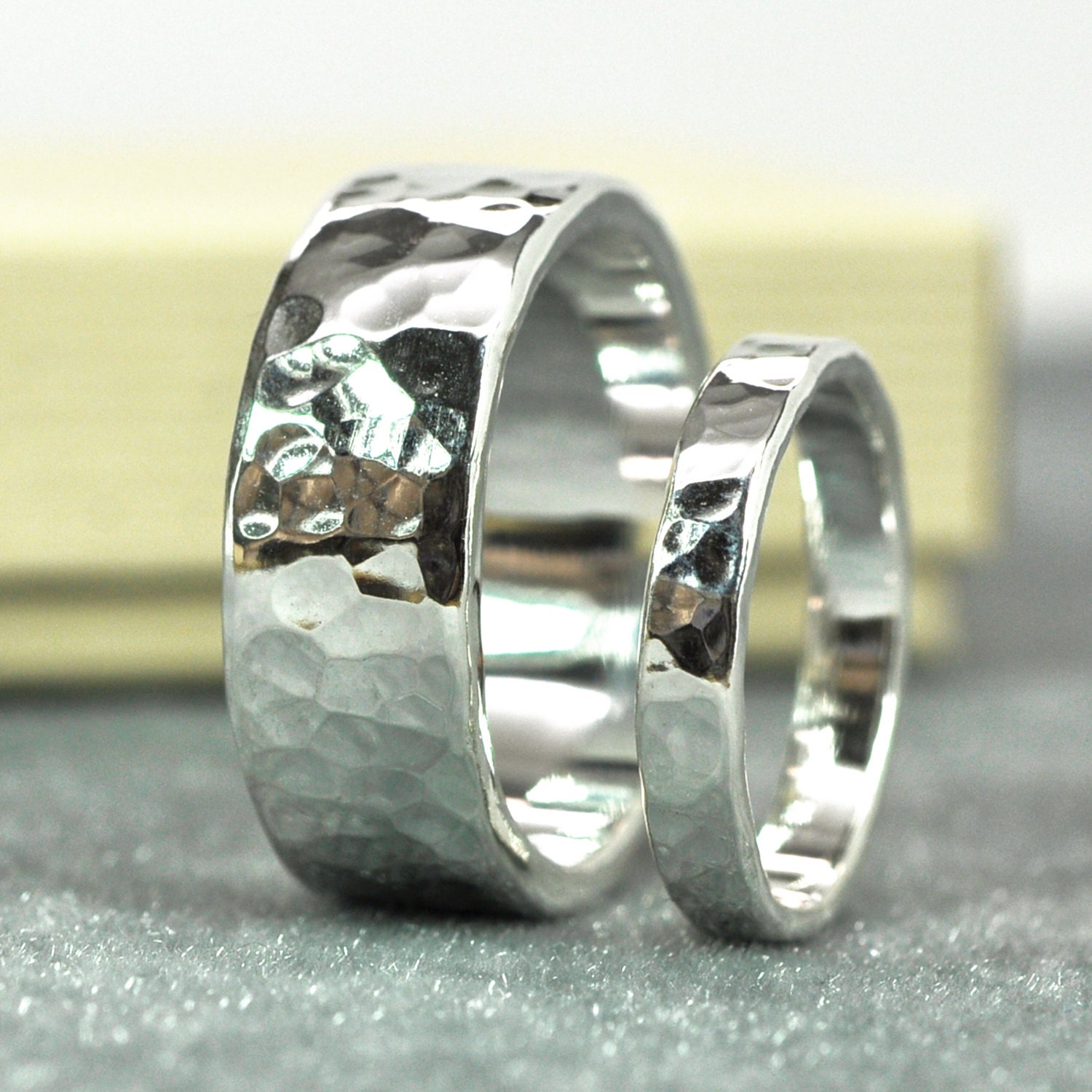 Hammered Silver Ring Set Hand Forged Wedding Bands Unisex