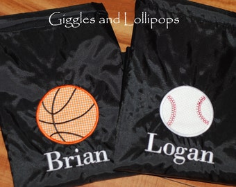 Boys girls personalized baseball football basketball sports or cars cinch sak backpack ring bearer flower girl gift