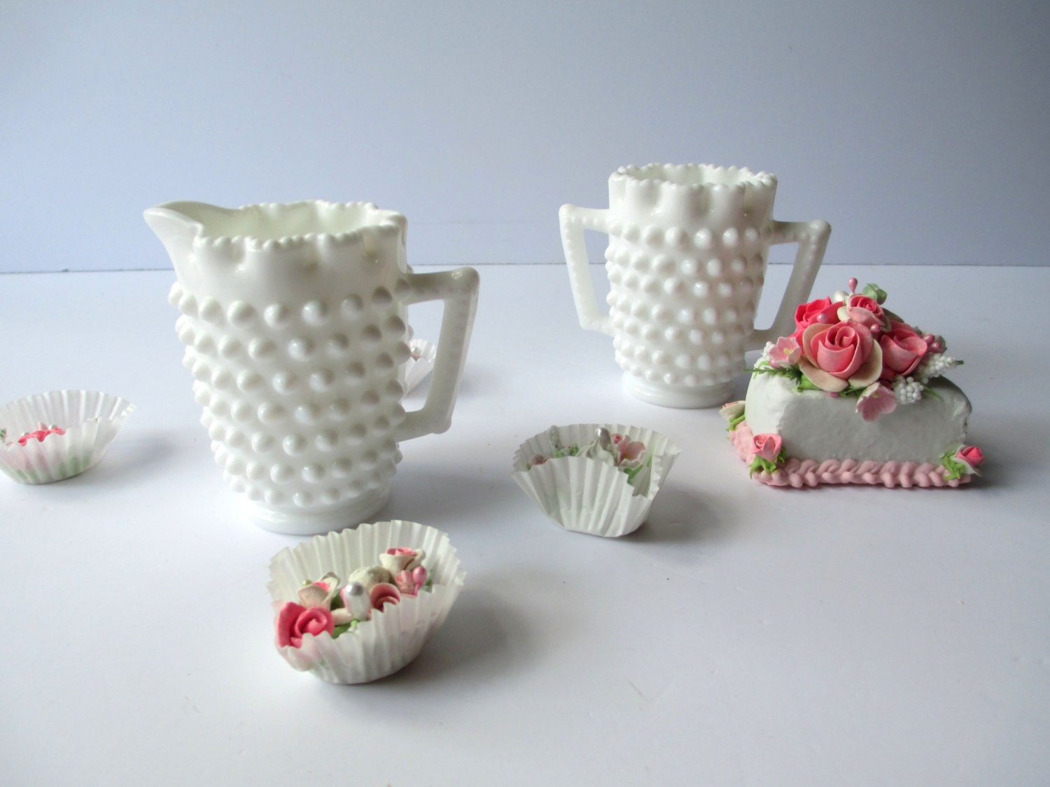 Vintage Fenton Milk Glass Hobnail Small Cream And Sugar Set Haute Juice 0029