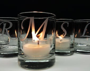 24 Monogram Candle Holders Engraved Glass Votive Holders Wedding Decor Custom Personalized Wedding Favors