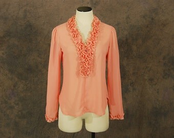 vintage 70s Blouse - Sheer Pink Chiffon Blouse - 1970s Ruffled Deep V Neck Shirt Sz S