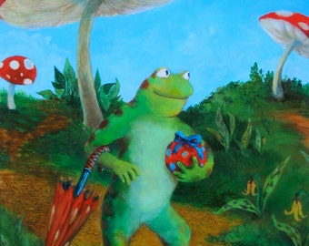 Headed to a Party // Frog & Umbrella 5x7 Greeting Card