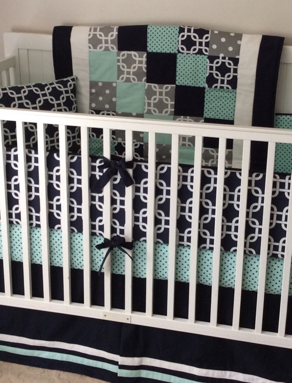 Navy Mint Gray and White Baby Bedding Crib Set Made to Order