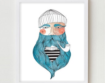 Sailor Illustration Giclee Print Fisherman Portrait Drawing Sailor Beard Poster Fishermen Wall Art Decor Portrait Drawing Bedroom Wall Decor