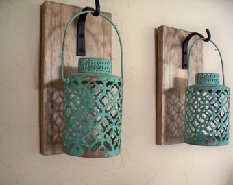 Rustic turquoise lantern pair (2), wall decor, bedroom wall decor, wall sconces, housewarming gift, wrought iron hook, rustic wood boards