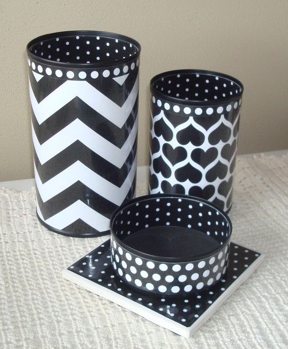 Black and White Chevron Hearts and Dots Desk Accessories and