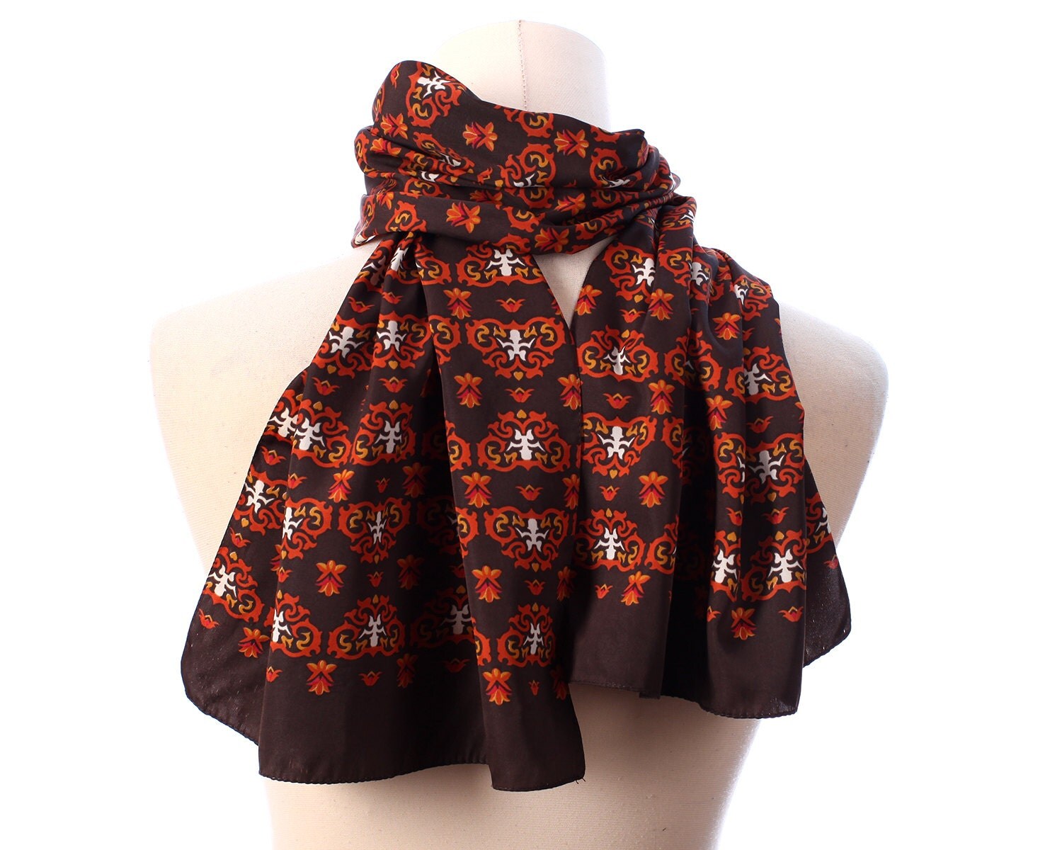 Vintage SILK Scarf . MENS Classy Retro Mod 70s Rust Brown Shawl