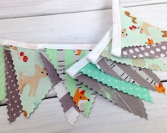 Bunting Banner Mini, Fabric Banner, Fabric Flags, Baby Nursery Decor, Woodland Nursery Decor - Woodland Animals,Mint Green,Gray,Foxes,Deer