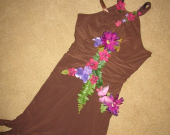Halloween Costume forest woodland elf fantasy fairy dress womens size 12 one of a kind recycled brown pink flower fairy