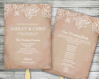 DIY Editable Vintage Wedding Program Fan - Instant Download MS Word Template, White Lace Pink Vintage Background, Printable, Catholic Church