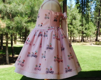 Girls Pink Bicycle Dress, Baby Girl Toddler Pink Bicycle Dress, Party Dress, Little Girl Dresses, Handmade Toddler Dress, Custom Girls Dress