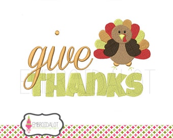 Thanksgiving machine embroidery design. "give thanks" with turkey embroidery. Fun fall embroidery design. Word art embroidery.