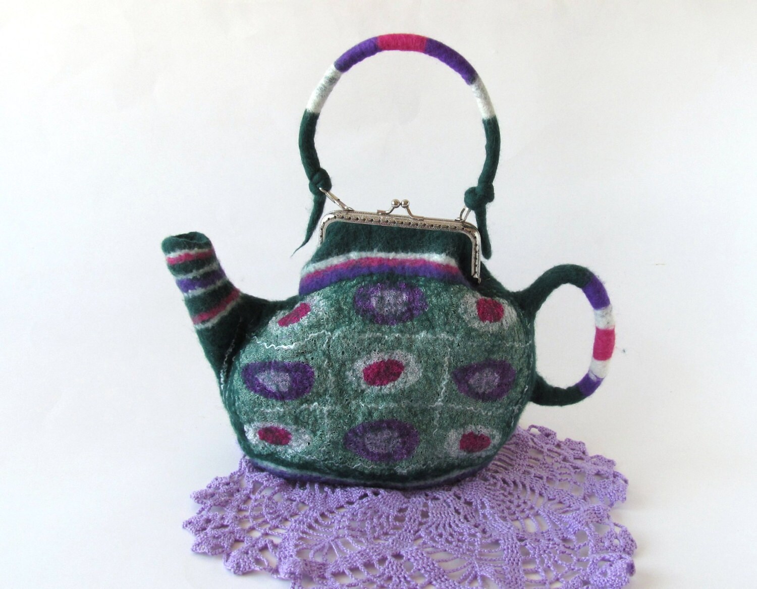 Felt Purse Felted tea teapot purse Small bag Green Polka