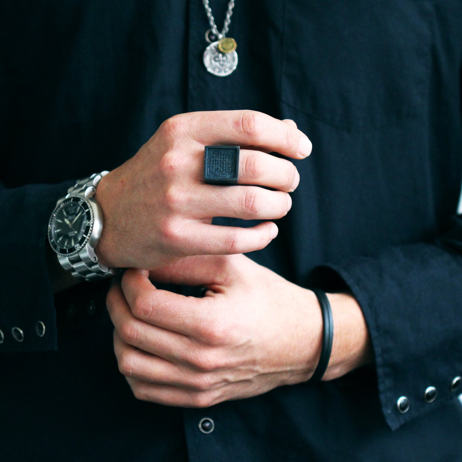 Black Man Ring Square Oxidized Mens Rings Personalize Jewelry