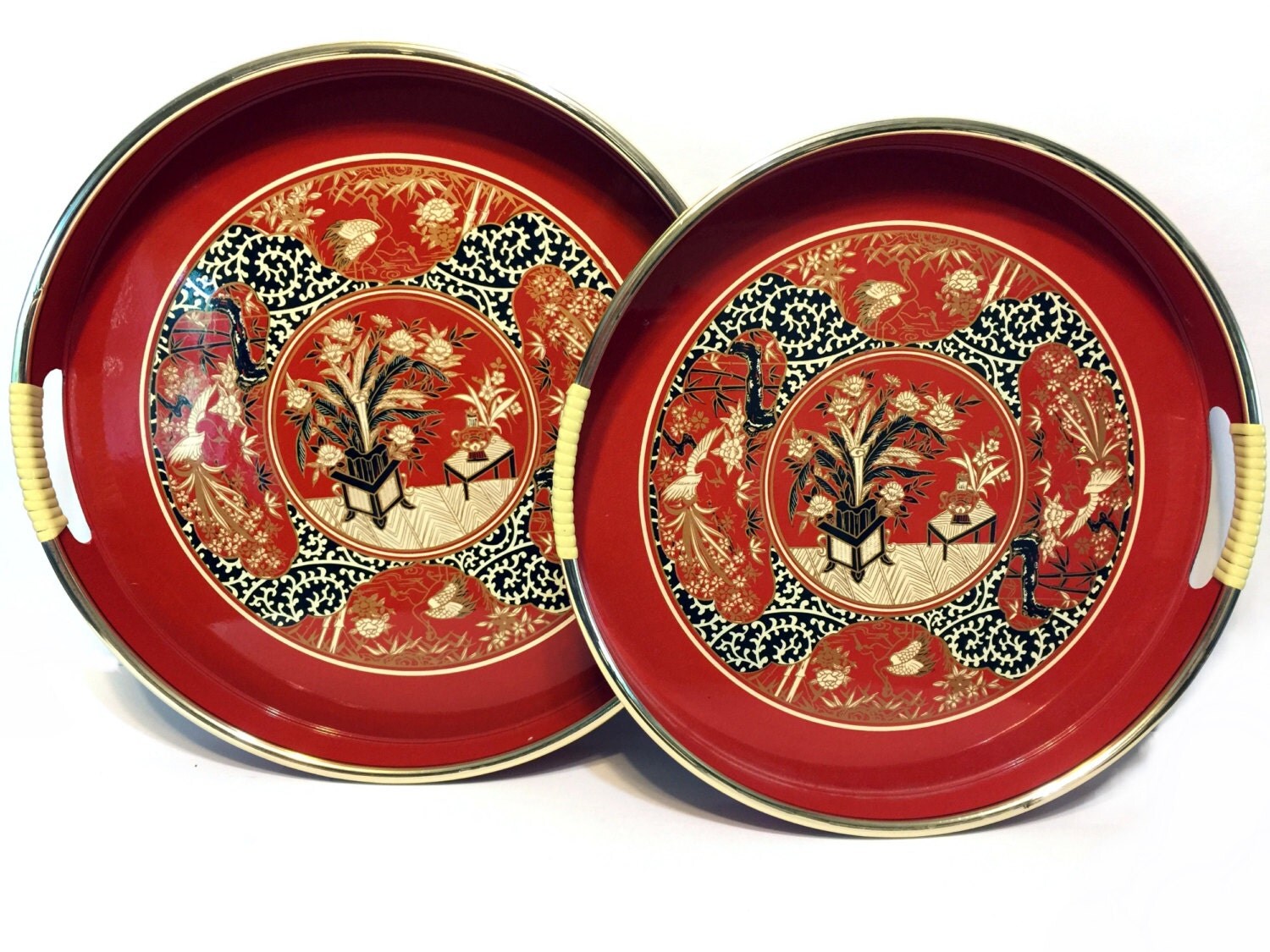 Vintage Serving Tray, Nesting Trays, Lacquer Trays, Round Serving Tray