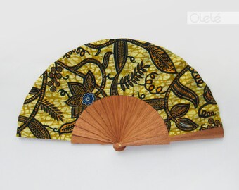 African Wax Print hand fan with case - Nana - Leaves on olive green - african wedding favor Mother's Day gift