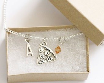 Pizza Necklace Silver, Personalized Initial Necklace, Birthstone Acrylic Color, Foodie Gift, Food Jewelry, Food Necklace, Pizza Jewelry