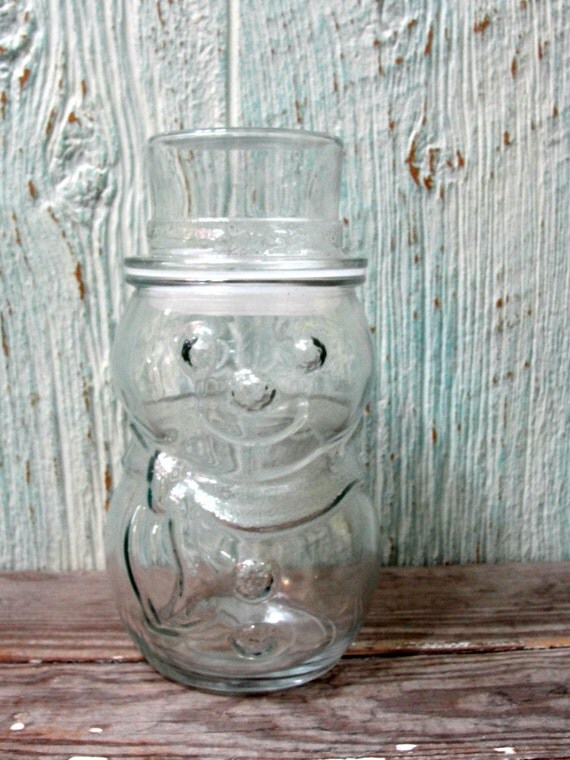 ON SALE Vintage Clear Glass Snowman Candy Jar with Lid