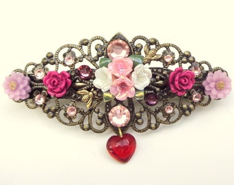 Flower Garden Crystal Barrette, Multi-Color, Rose,Vintage Style,Hair Accessories,Bride,Bridesmaid Filigree Barrette,Pink, Red Crystals