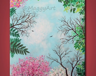 looking up,Spring,cherry blossom - 20x16inch original modern painting, on stretched canvas, ready to hang
