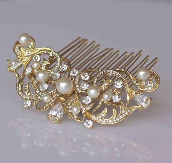 Gold Bridal Hair Comb Vintage Wedding Gold Hair Comb Ivory