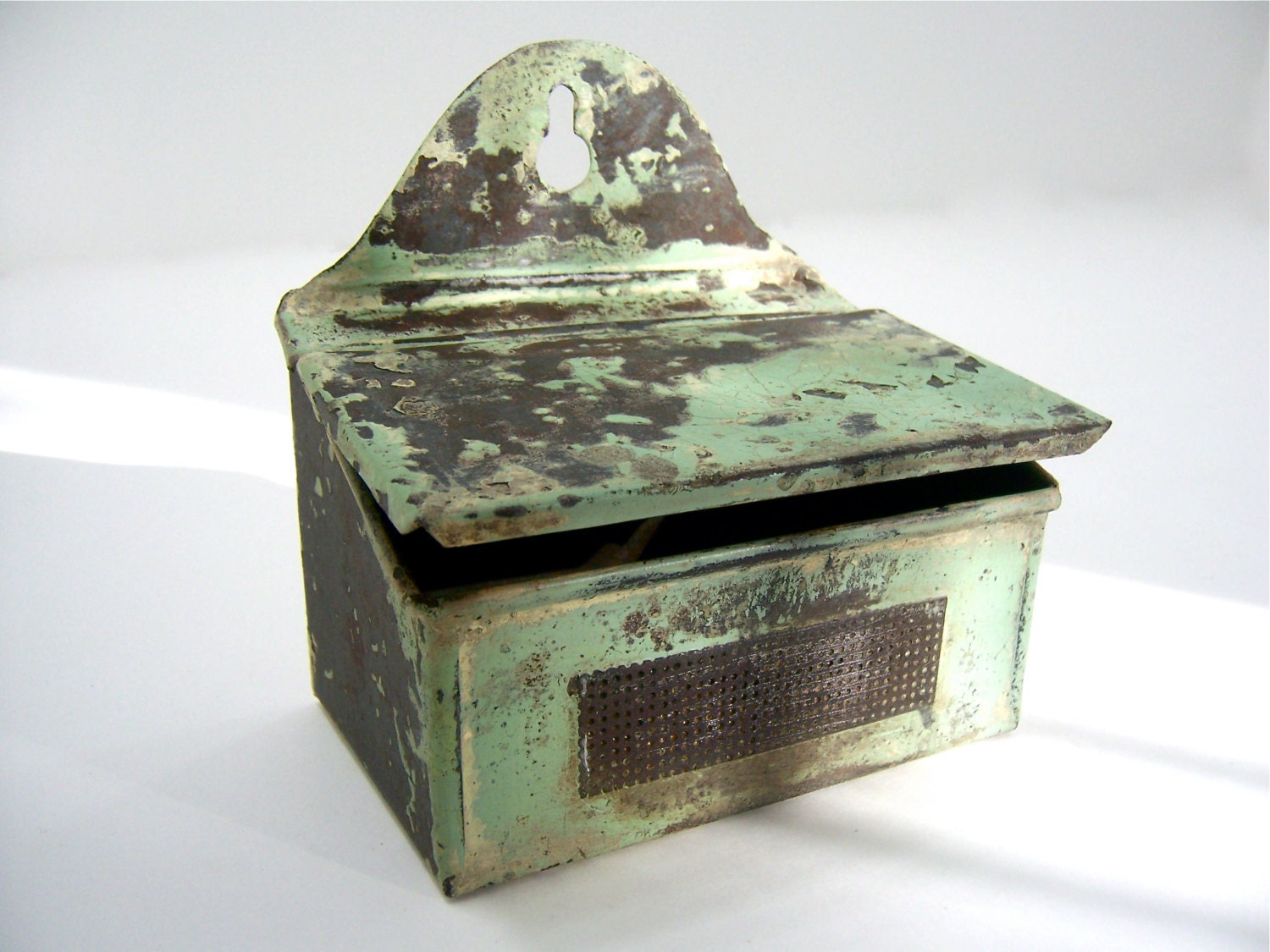 Match box case safe with lid, striker antique industrial metal box for